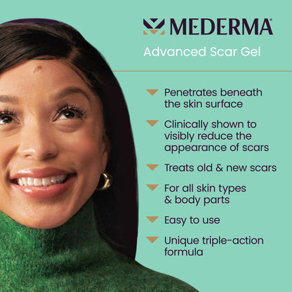 Mederma Advanced Scar Gel – 50g tube for fading old and new scars from surgery, burns, acne, and injuries with once-daily application.

