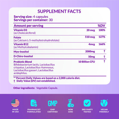 Hormone Balance for Women, Ovarian Support, Fertility, Menstrual Cycle, PCOS | Myo-Inositol & D-Chiro Inositol Supplement 40:1 Ratio w/Folic Acid for Hormonal Balance, B12 & Probiotics - 120 Count