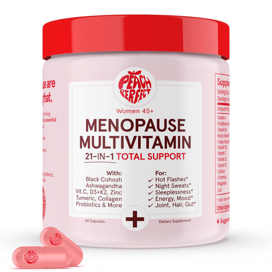 Peach Perfect Menopause Multivitamin | 21 Vitamins for Women 45+ | Black Cohosh, Ashwagandha, Vitamin D3+K2, Probiotics & Collagen | Support for Hot Flashes, Mood Swings, Joint & Skin Health | 30 SVG