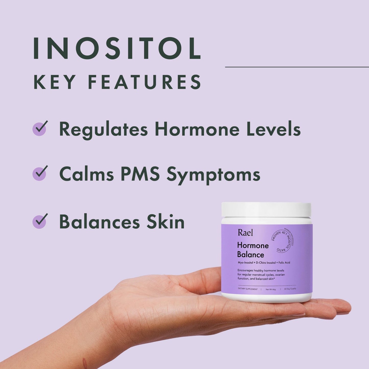 Rael Hormone Balance for Women, Inositol Powder Supplement - Ovarian Function Support, Vitamin B8, 40:1 Proven Ratio, Folic Acid, Vegan (30 Servings)