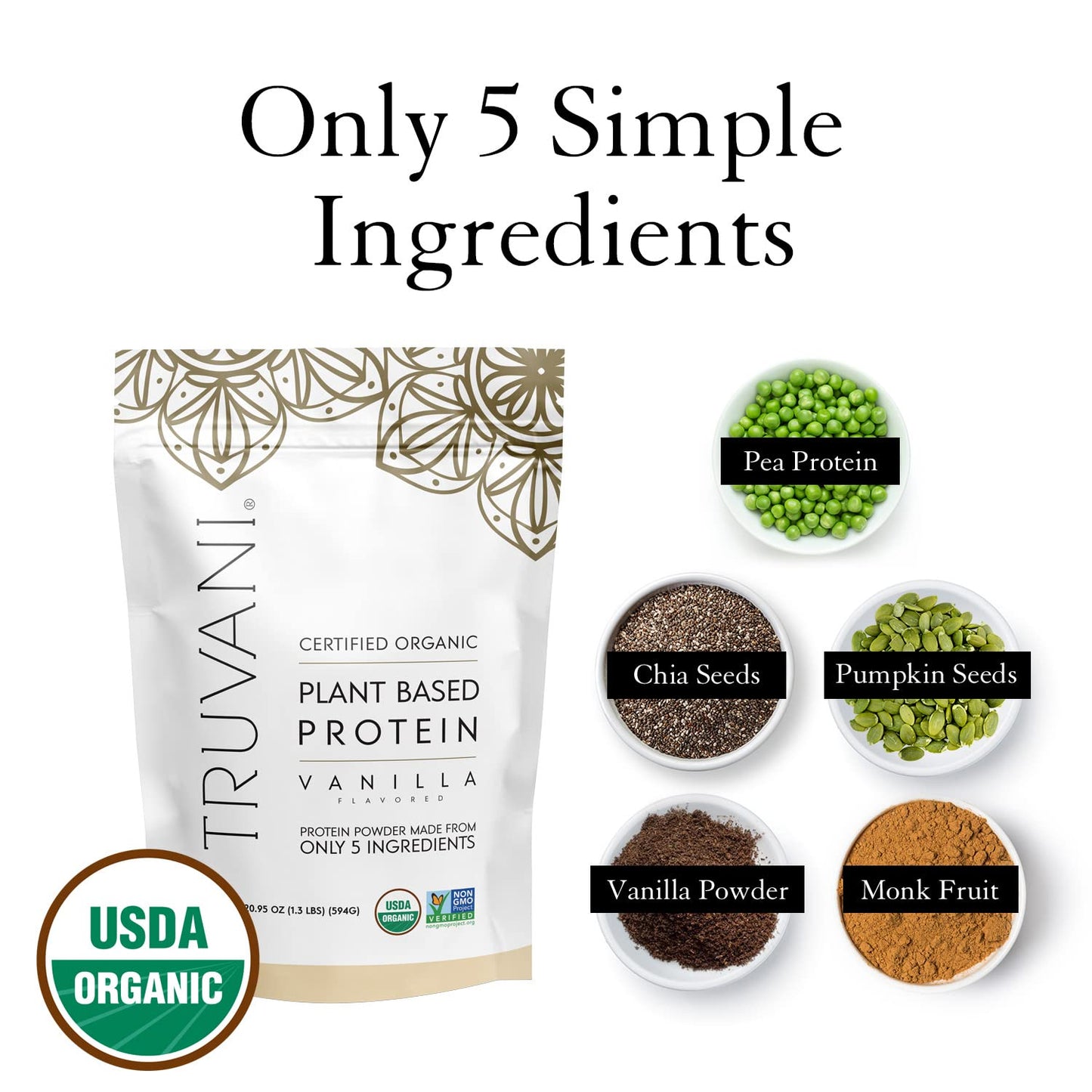 Truvani Vegan Pea Protein Powder | Vanilla | 20g Organic Plant Based Protein | 10 Servings | Keto | Gluten & Dairy Free | Low Carb | No Added Sugar