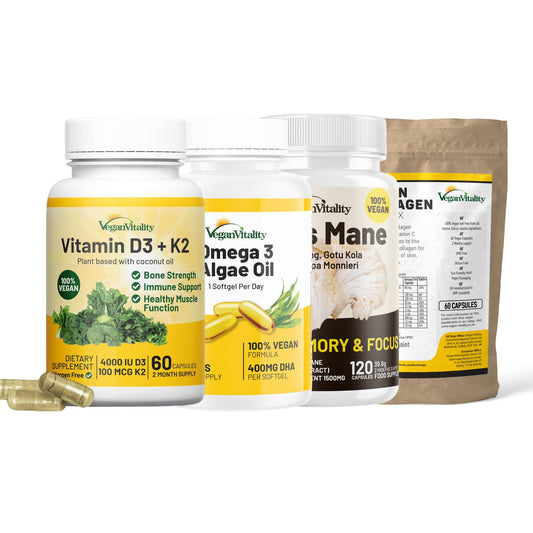 Vegan Vitality Skin & Brain Bundle – Collagen, Omega-3, Lion’s Mane, D3