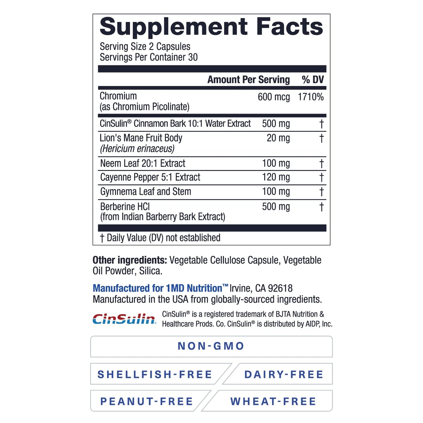 1MD Cinnamon & Berberine – Blood Sugar & Metabolic Support – 60 Ct