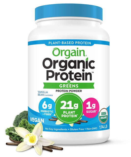 Orgain Vegan Protein + Greens – Vanilla, 21g Protein, Fiber, No Sugar (1.94 lb)