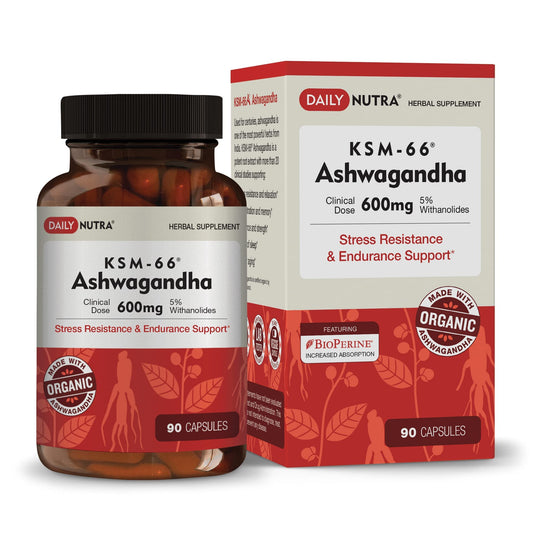 DailyNutra KSM-66 Ashwagandha 600mg Organic Root Extract - High Potency Supplement with 5% Withanolides | Relieves Tiredness, Supports Relaxation, Focus, Energy, & Muscle Growth (90 Capsules)