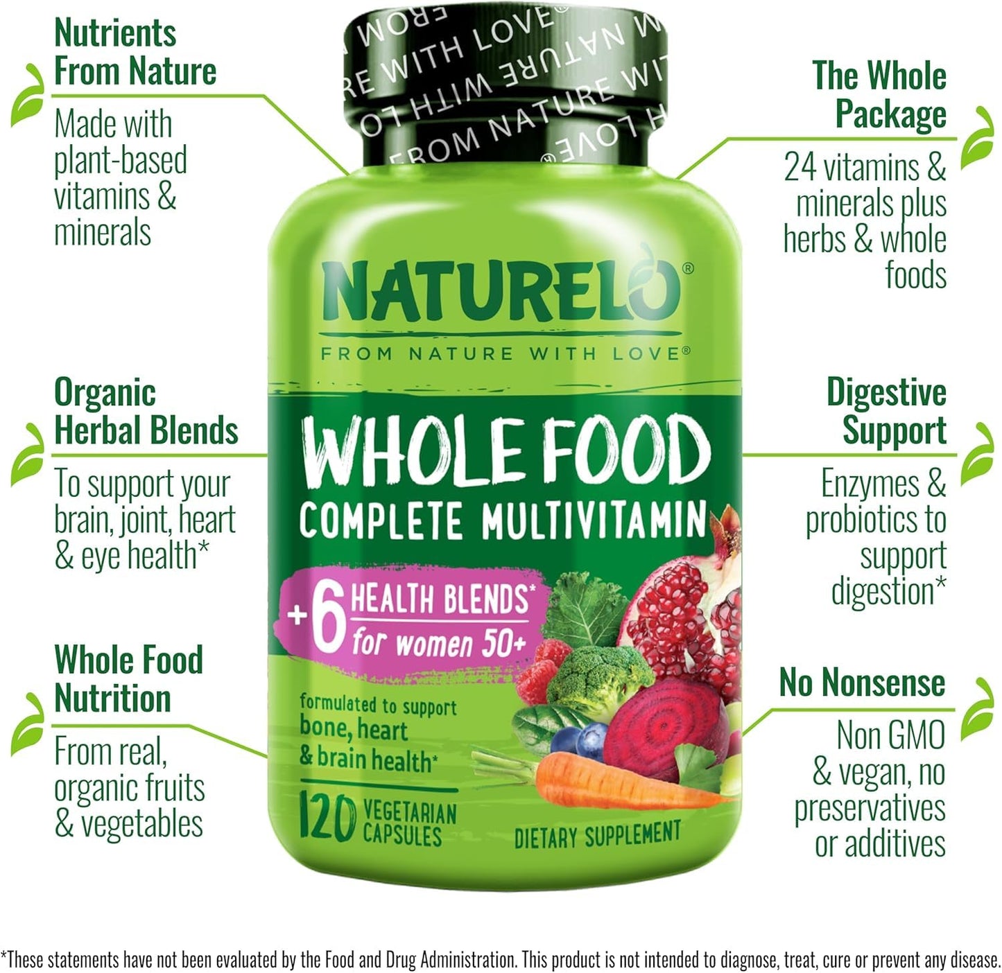 NATURELO Women’s 50+ Multivitamin – Organic, Vegan, Iron-Free 120 Ct