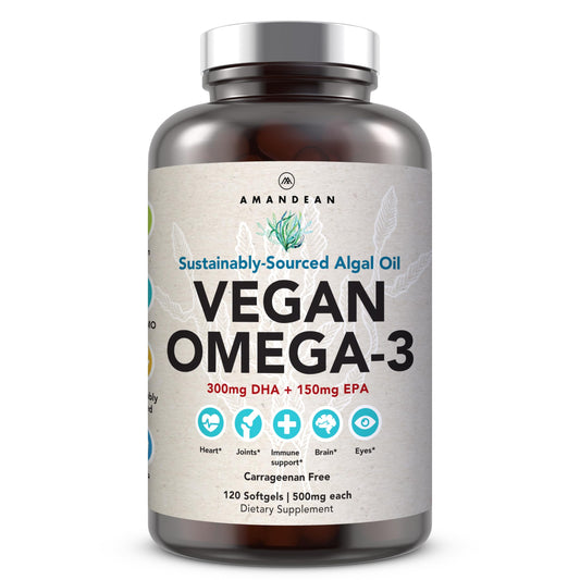 AMANDEAN Vegan Omega-3 – Algae DHA & EPA, Heart & Brain Health, 120 Ct