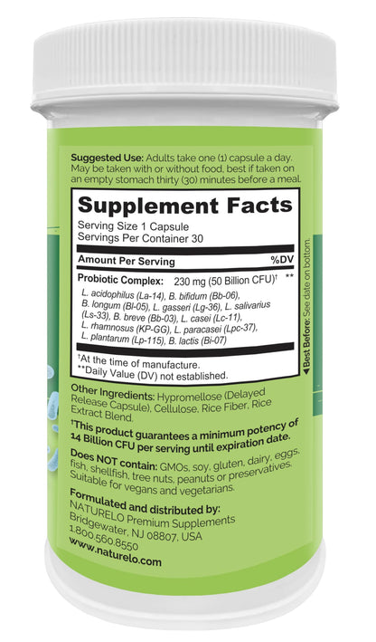 NATURELO Probiotics – 50B CFU, 11-Strain Digestive & Immune Support