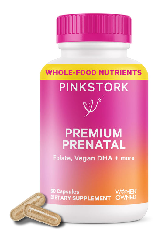 Pink Stork Prenatal Vitamin – 60 capsules with organic nutrients, probiotics, folate, and iron for pregnancy wellness and energy.


