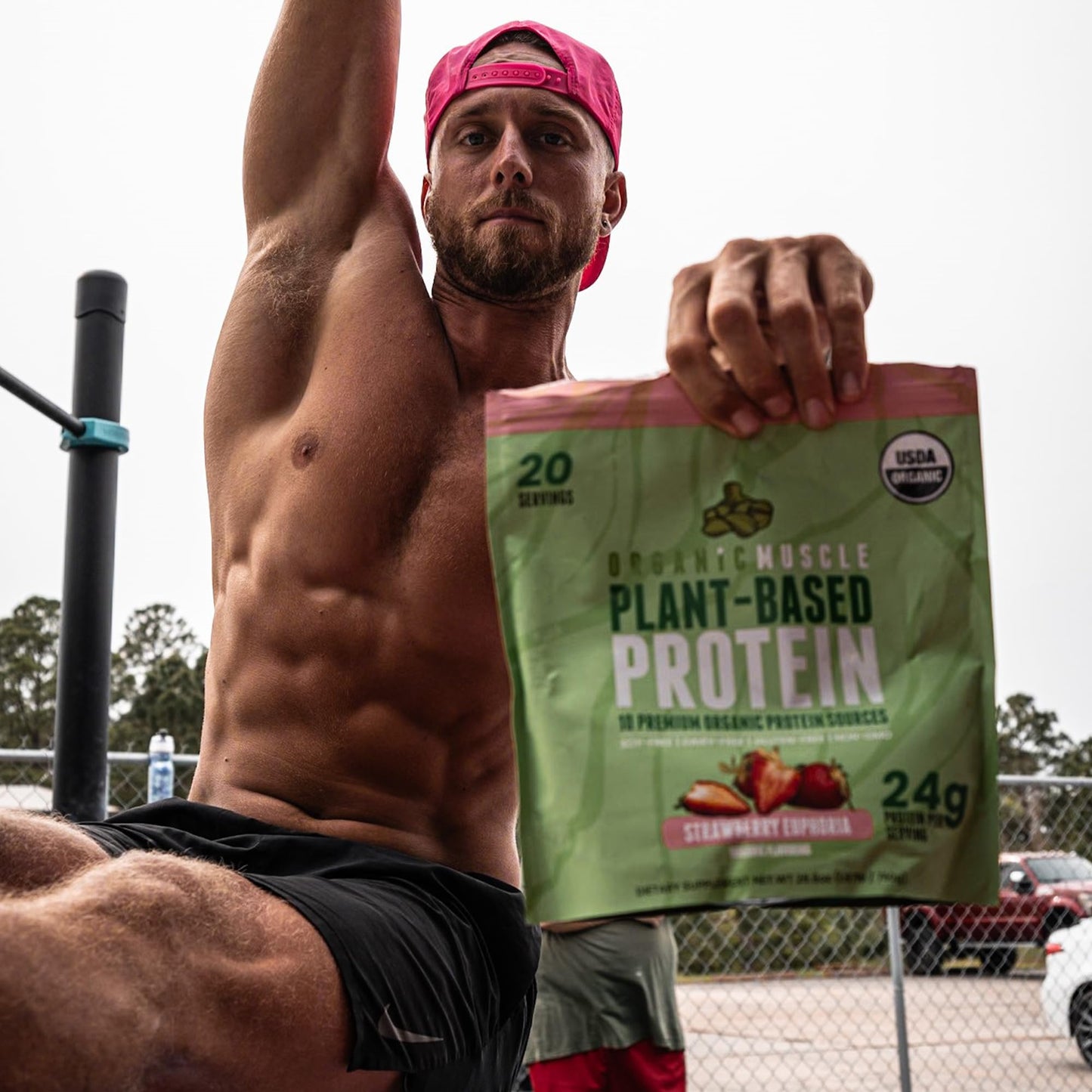 Organic Muscle Vegan Protein Powder - Plant Based Strawberry Multi-Sourced Protein Powder with Pea, Hemp, Brown Rice, Chia Seed & Amino Acids - Low Calorie for Muscle Growth & Speed Recovery