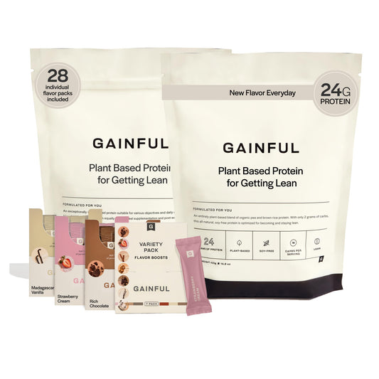 Gainful Vegan Protein Powder Get Lean Bundle, Meal Replacement, Post Workout Support, Organic Rice + Pea Protein, Unflavored w/Chocolate, Vanilla, Strawberry & Variety Pack Flavor Boosts, 28 Servings