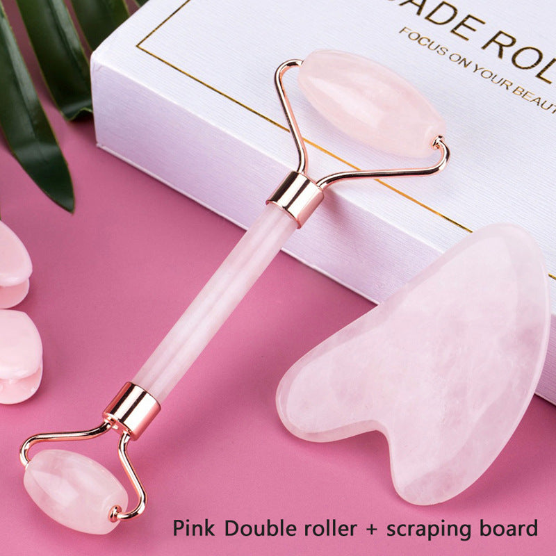 Pink double roller and scraping board on a pink background with text overlay.