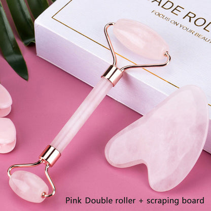 Pink double roller and scraping board on a pink background with text overlay.