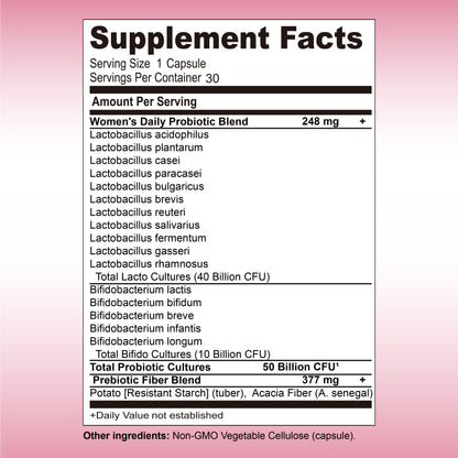 Women’s Probiotic – 50 Billion CFU + Prebiotics
Gut, vaginal & pH support in one clean, once-daily vegan capsule.