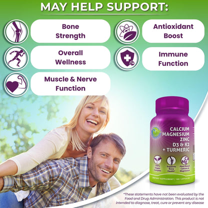 Plant-Based Calcium 500mg – Magnesium, D3, K2, Turmeric, Bone Health, 180 Ct