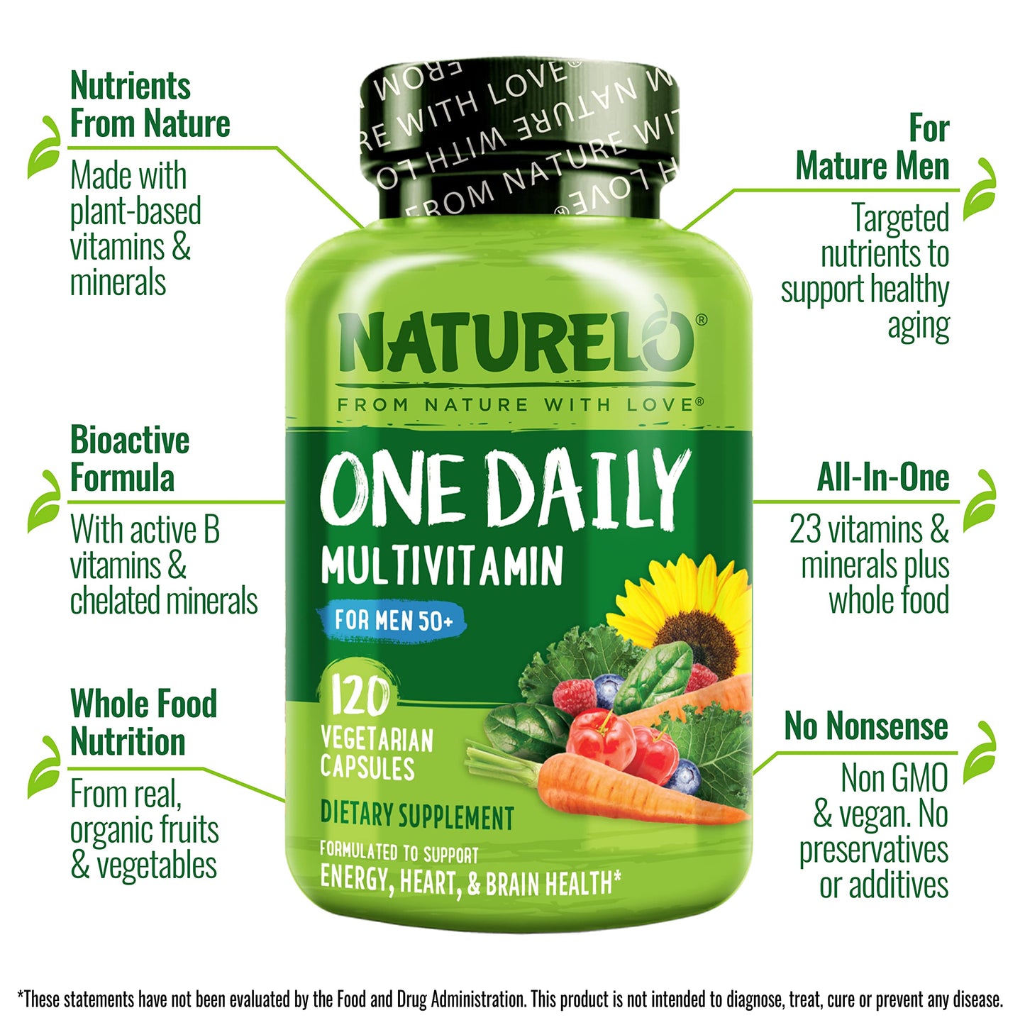 NATURELO Men’s 50+ Multivitamin – Energy, Heart & Immune Support 120 Ct