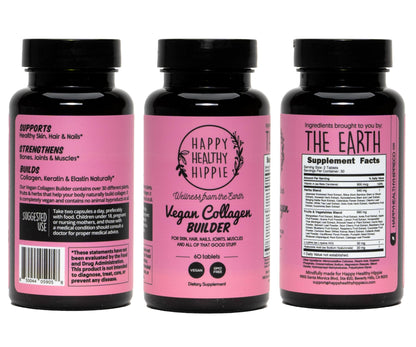 Vegan Collagen Builder w/ Hyaluronic Acid – Hair Skin and Nails Vitamins for Youthful Glow | Keratin & Elastin Booster | Bones, Cartilage, Tendons | Vitamin A, L-Lysine | Vegetarian | Non-GMO, 60 Ct