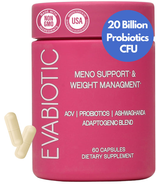 EVABIOTIC: Complete Menopause Vitamins - Ashwaghanda, Probiotics, ACV for Weight Management, Hot Flashes, Night Sweats, Bloat, Hormone Balance - Vegan 60 Caps Menopause Supplements for Women Non-GMO