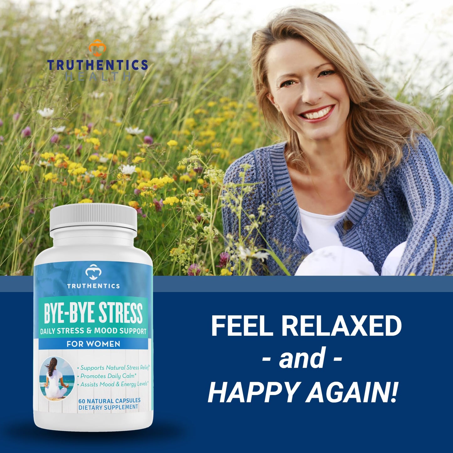 TRUTHENTICS Stress Relief Supplement for Women – Natural Calm, Energy and Mood Support with Ashwagandha, GABA, Lemon Balm, L-Theanine, Rhodiola, Vitamin B - Vegan - 60 Capsules