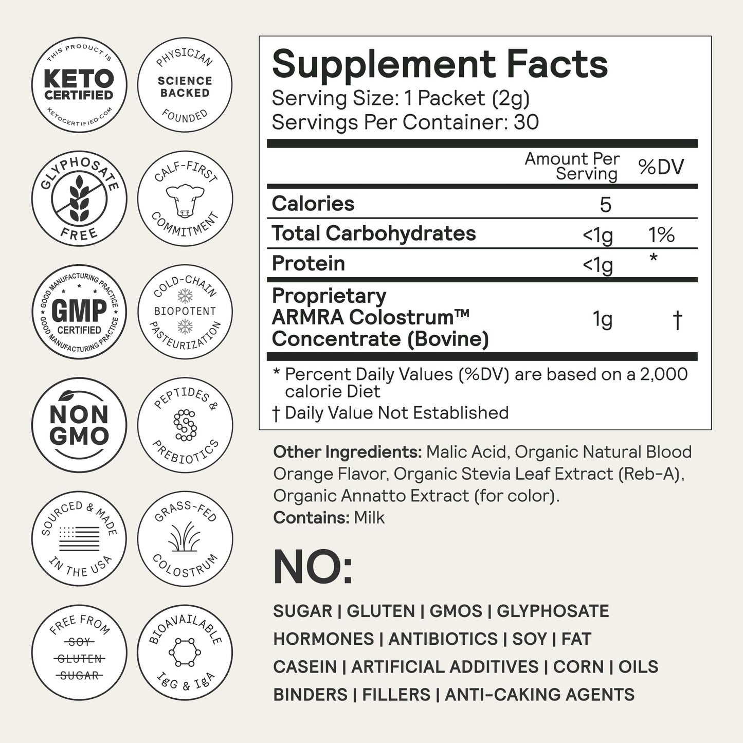 ARMRA Colostrum™ Premium Powder, Grass Fed, Gut Health Bloating Immunity Skin & Hair, Contains 400+ Bioactive Nutrients, Potent Bioavailable, Keto, Gluten & Fat Free (Blood Orange | 30 Servings)