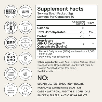 ARMRA Colostrum™ Premium Powder, Grass Fed, Gut Health Bloating Immunity Skin & Hair, Contains 400+ Bioactive Nutrients, Potent Bioavailable, Keto, Gluten & Fat Free (Blood Orange | 30 Servings)