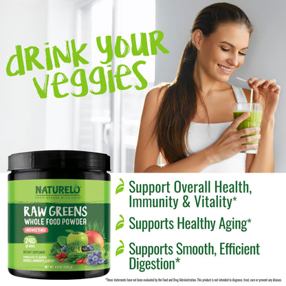 NATURELO Raw Greens Powder – Unsweetened Organic Superfood, 240g