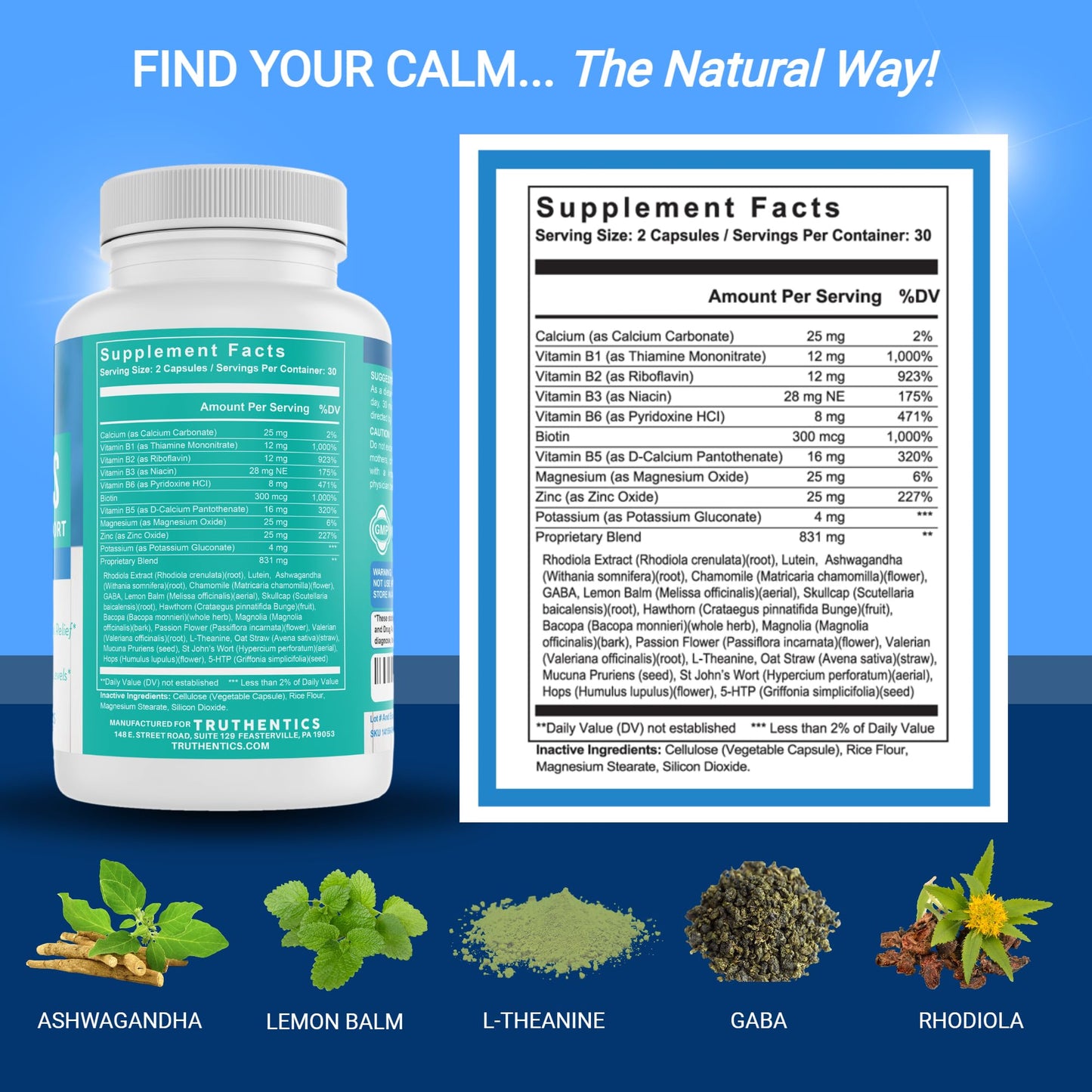 TRUTHENTICS Stress Relief Supplement for Women – Natural Calm, Energy and Mood Support with Ashwagandha, GABA, Lemon Balm, L-Theanine, Rhodiola, Vitamin B - Vegan - 60 Capsules