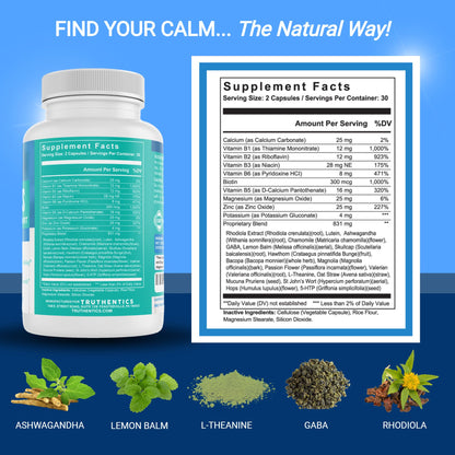 TRUTHENTICS Stress Relief Supplement for Women – Natural Calm, Energy and Mood Support with Ashwagandha, GABA, Lemon Balm, L-Theanine, Rhodiola, Vitamin B - Vegan - 60 Capsules