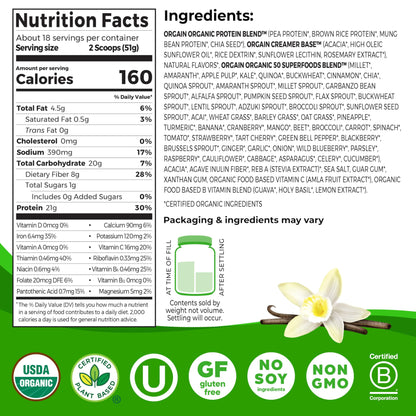 Orgain Vegan Protein + Superfoods – Vanilla Bean, 21g, 2.02 lb