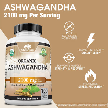 Organic Ashwagandha – 2,100 mg Stress Relief & Mood – 100 Capsules