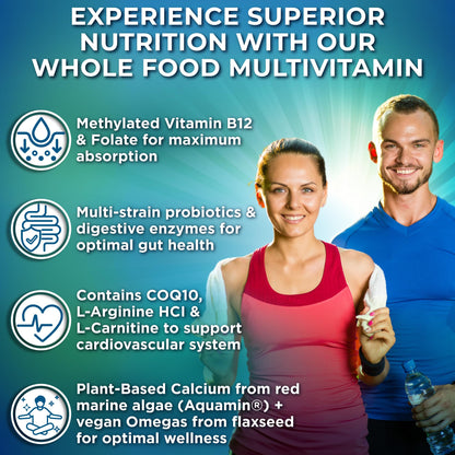 Vegan Whole Food Multivitamin with Iron – B-Complex, Probiotics, 180 Ct
