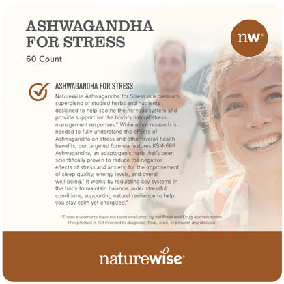 NatureWise Ashwagandha for Stress - With KSM-66 Extract, GABA, L-Theanine, Rhodiola Rosea - Herbal Mood & Sleep Support - Vegan, Non-GMO, Gluten-Free - 60 Capsules[1-Month Supply]