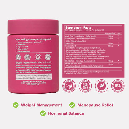 EVABIOTIC: Complete Menopause Vitamins - Ashwaghanda, Probiotics, ACV for Weight Management, Hot Flashes, Night Sweats, Bloat, Hormone Balance - Vegan 60 Caps Menopause Supplements for Women Non-GMO
