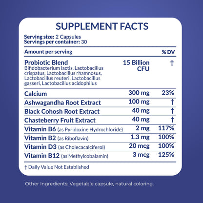 Natural Menopause Supplements for Women - Perimenopause Supplements for Hormonal Balance, Bloating & Mood Swings | Hot Flashes Menopause Relief w/Probiotics & Prebiotics, Black Cohosh & Chasteberry