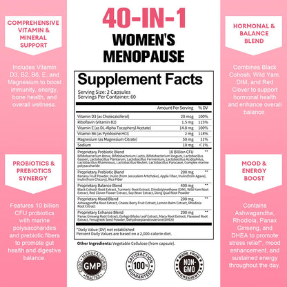 Vegan 40-in-1 Menopause Support Capsules for Women – Hot Flash Relief and Hormone Balance
