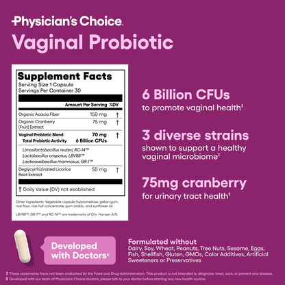 Physician's CHOICE Vaginal Probiotics for Women - pH Balance, Odor Control, Yeast Balance, Vaginal Flora & Feminine Health - 6B CFU with Organic Prebiotics and Cranberry Extract - 30 CT