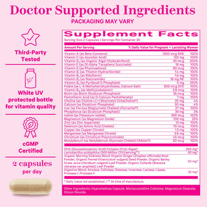 Pink Stork Prenatal Vitamin – 60 capsules with organic nutrients, probiotics, folate, and iron for pregnancy wellness and energy.

