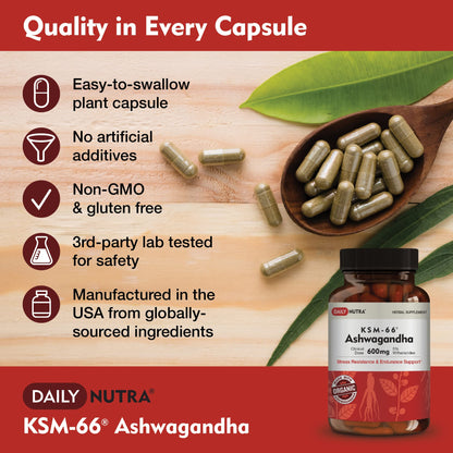 DailyNutra KSM-66 Ashwagandha 600mg Organic Root Extract - High Potency Supplement with 5% Withanolides | Relieves Tiredness, Supports Relaxation, Focus, Energy, & Muscle Growth (90 Capsules)