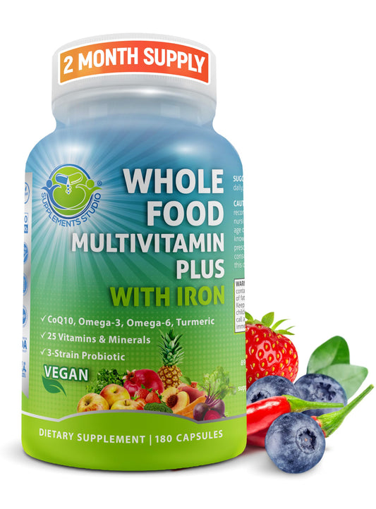 Vegan Whole Food Multivitamin with Iron – B-Complex, Probiotics, 180 Ct