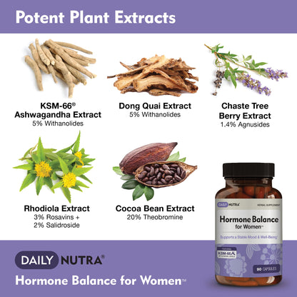 Hormone Balance for Women - Natural Mood Supplement - PMS Relief and Menopause Support | Featuring Clinically Studied KSM-66 Ashwagandha (90 Capsules)