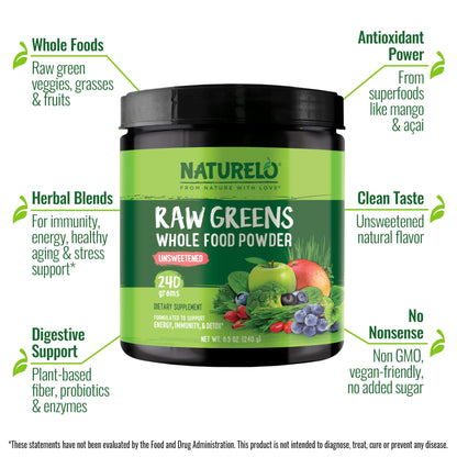 NATURELO Raw Greens Powder – Unsweetened Organic Superfood, 240g