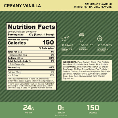 Optimum Nutrition Plant Protein – Vanilla, 24g, Vegan, 20 Servings