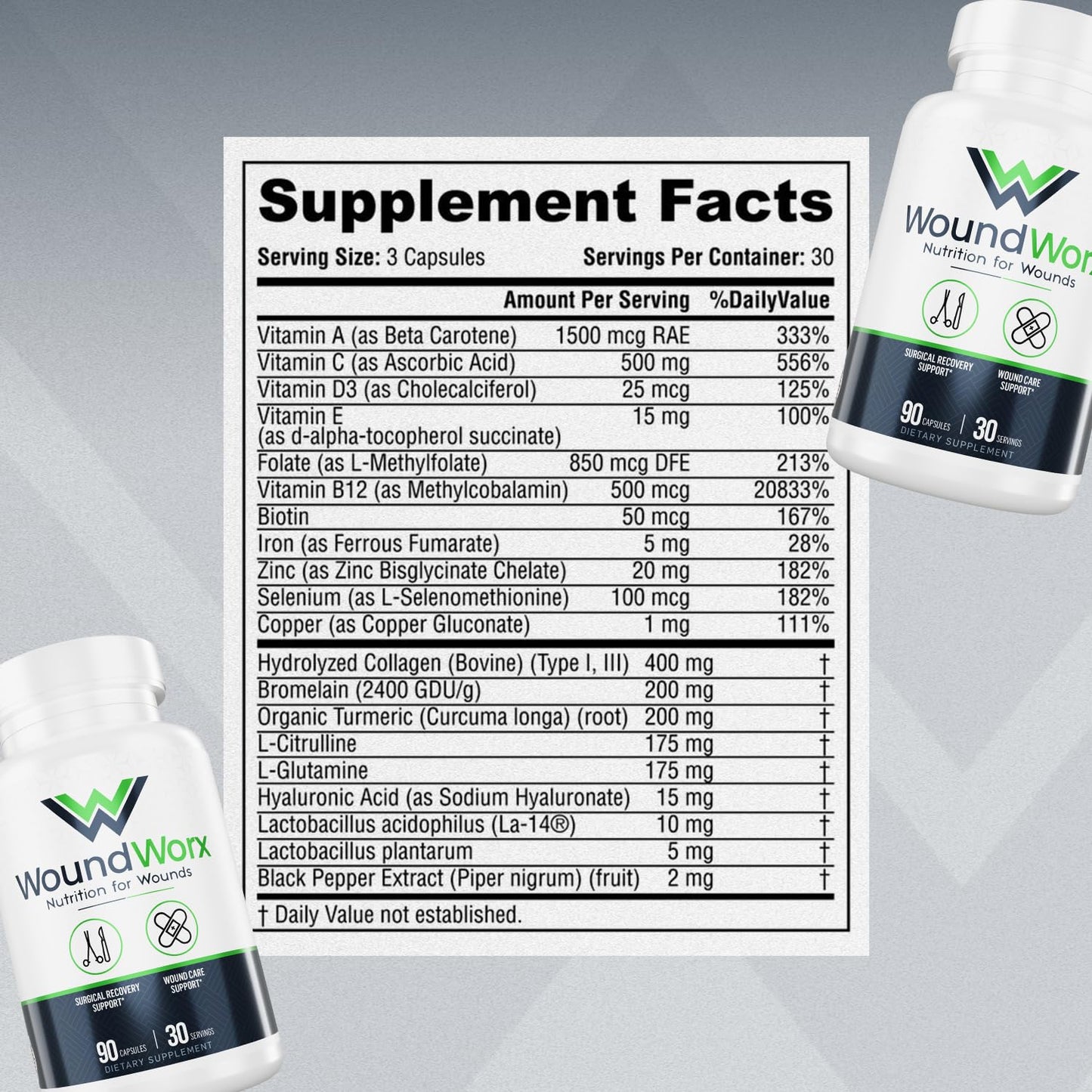 Free Life Labs WoundWorx-Scar and Surgery Support, Wound Care, General and Plastic Surgery, Faster Healing w/Vitamins, Amino Acids, Collagen, Probiotics, Turmeric, Bromelain-90 caps