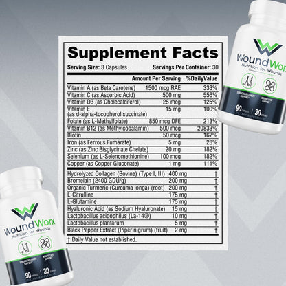 Free Life Labs WoundWorx-Scar and Surgery Support, Wound Care, General and Plastic Surgery, Faster Healing w/Vitamins, Amino Acids, Collagen, Probiotics, Turmeric, Bromelain-90 caps