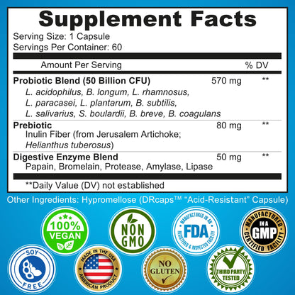 3-in-1 Probiotics + Digestive Enzymes + Prebiotics – Gut Health Support