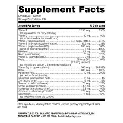 Bariatric Advantage High ADEK Multi - for Bariatric Surgery Patients - Multivitamin with Vitamins A, D, E, K & Trace Minerals - 100%+ DV of ADEK - 180 Capsules