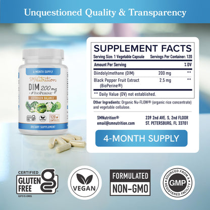 DIM Supplement 200mg – Hormone Balance for Women & Men, Vegan, 120 Ct