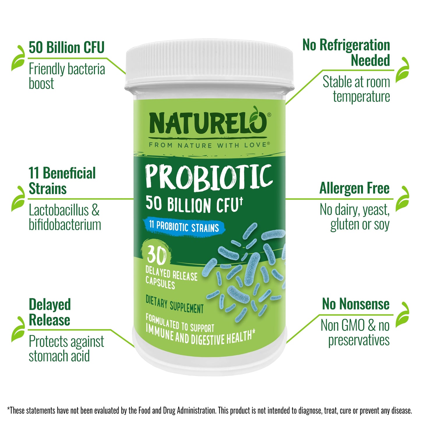 NATURELO Probiotics – 50B CFU, 11-Strain Digestive & Immune Support