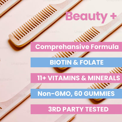 Beauty+ Biotin Gummies – Hair, Skin, Nail Support – 5,000 mcg – 60 Ct