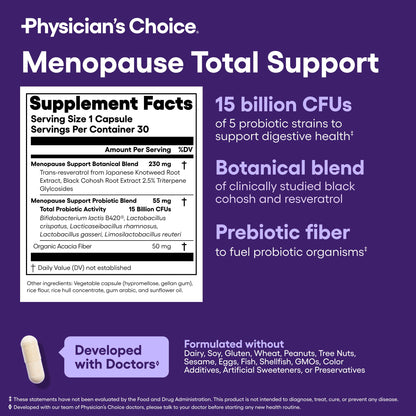 Physician's CHOICE Menopause Probiotic Supplement for Women - Supports Hormone Balance, Hot Flashes, Night Sweats, Weight Management, Bloating & Gut Health - with Black Cohosh, Resveratrol+ - 30ct